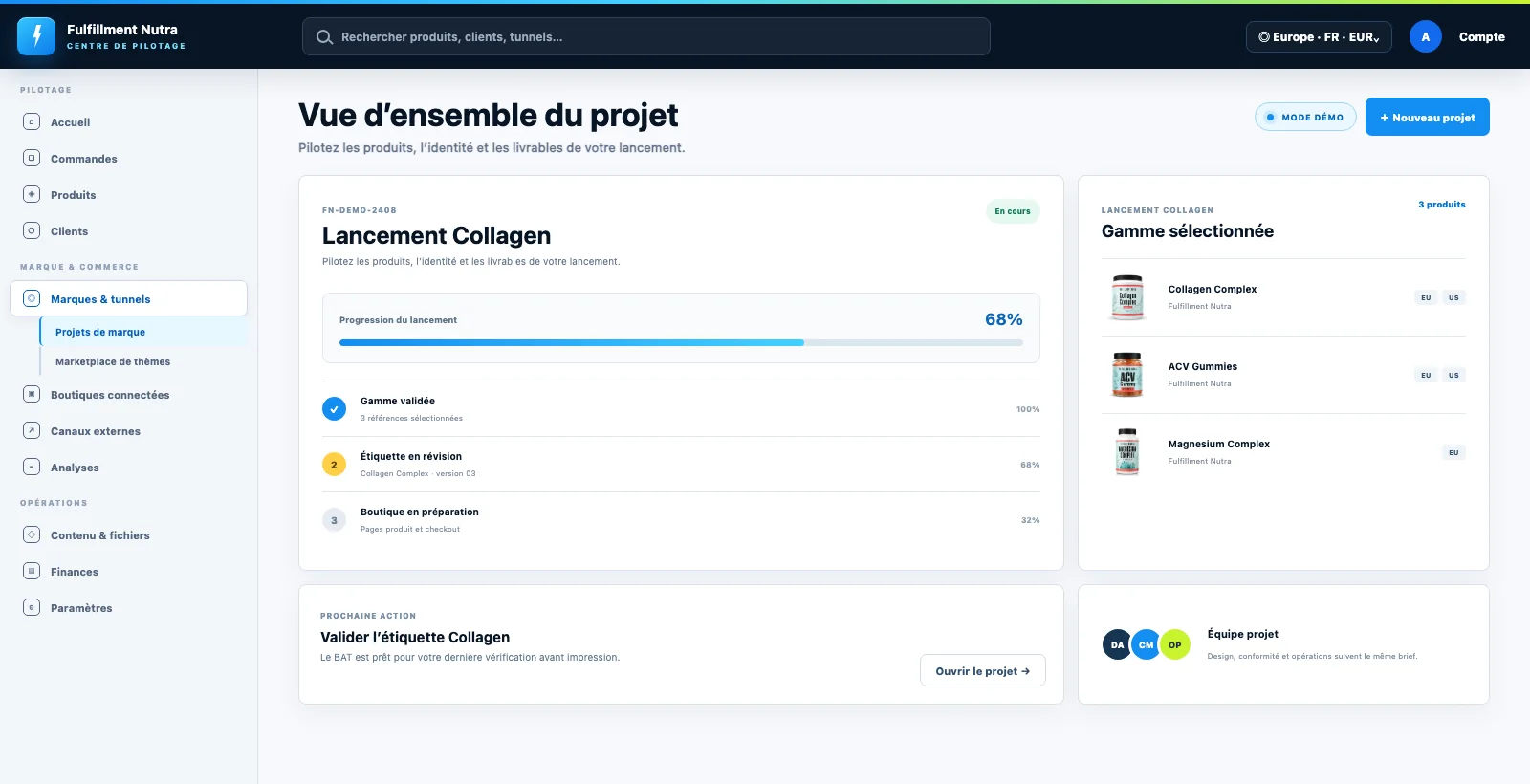 Centre de pilotage Fulfillment Nutra présentant les projets de marque, les produits et les opérations